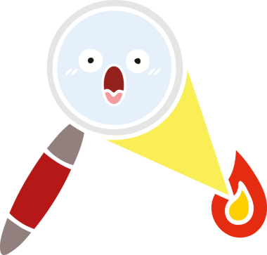 Bir insanın çizdiği büyüteçin düz renkli retro karikatürü