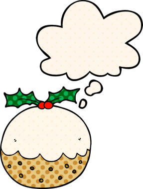 Bir insan tarafından çizilmiş çizgi roman tarzı düşünce baloncuklu noel pudingi.