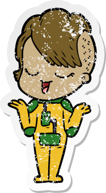 Bir insan tarafından çizilmiş uzay giysisi içindeki mutlu bir çizgi film kızının sıkıntılı çıkartması.