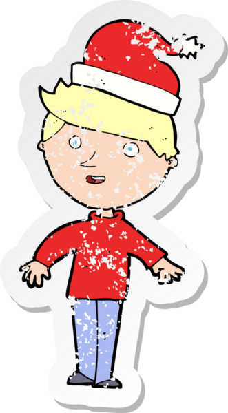 Bir insan tarafından çizilmiş Noel Baba şapkalı bir çizgi film çocuğunun gerilimli retro çıkartması.