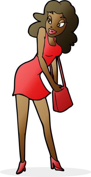 Bir insan tarafından çizilmiş el çantasına bakan karikatür kadın.