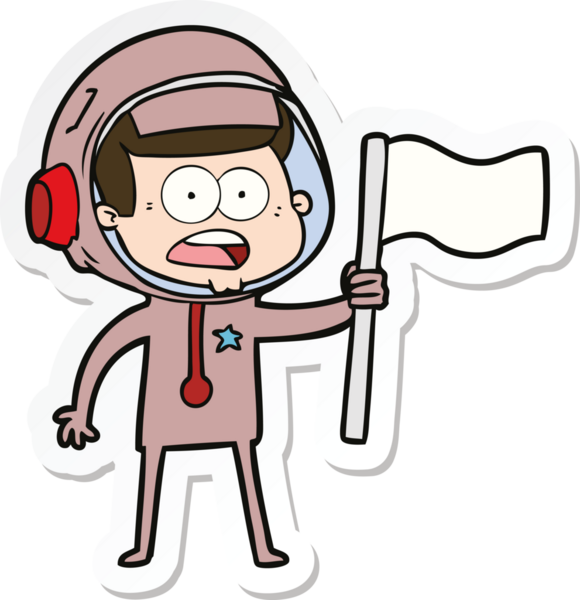 Bir insan tarafından çizilen bir karikatür çıkartması astronotun bayrağını sallamasına şaşırdı.