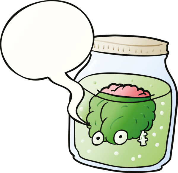 Kavanozda yüzen karikatür, ürkütücü beyin, bir insan tarafından çizilmiş yumuşak bir gradyan tarzla konuşma baloncuğu.