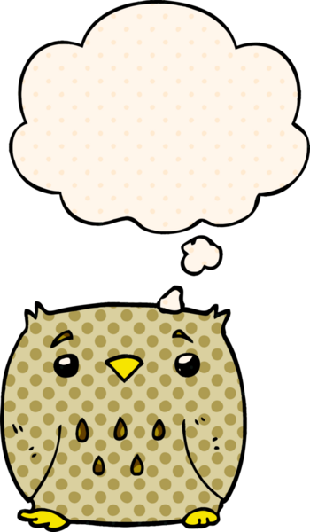 Bir insan tarafından çizilmiş çizgi roman tarzında düşünce baloncuğu olan çizgi film baykuşu