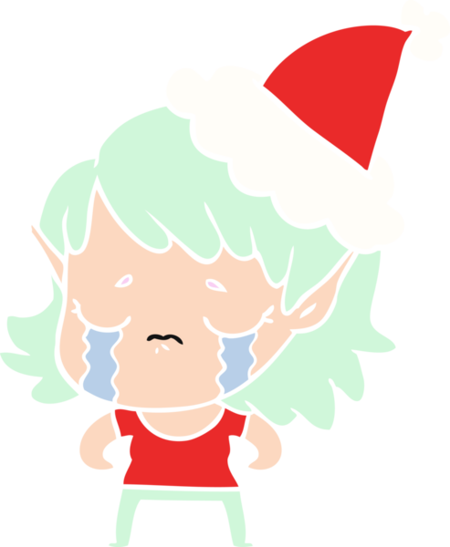Bir insan tarafından çizilmiş Noel Baba şapkası giymiş ağlayan bir elf kızının el resmi.