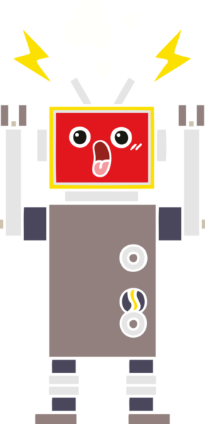 Bir insan tarafından çizilen robot arızasının düz renk retro karikatürü