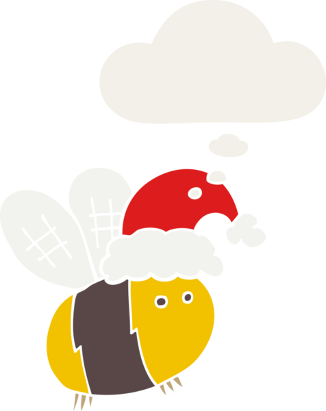 Bir insan tarafından çizilmiş düşünce baloncuklu Noel şapkası takan sevimli çizgi film arısı.