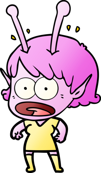 Karikatür, bir insan tarafından çizilen uzaylı kızı şok etti.