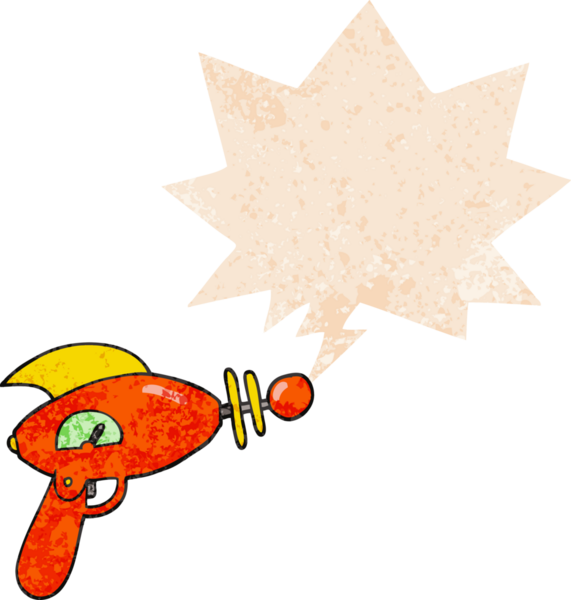 grunge 'da konuşma baloncuğu olan karikatür ışın tabancası bir insan tarafından çizilmiş gerilimli retro desen tarzı