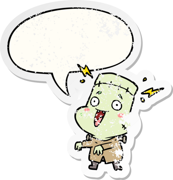 Çizgi film yaratıcısı, konuşma baloncuğu olan, bir insan tarafından çizilmiş, sıkıntılı, eski bir çıkartma.