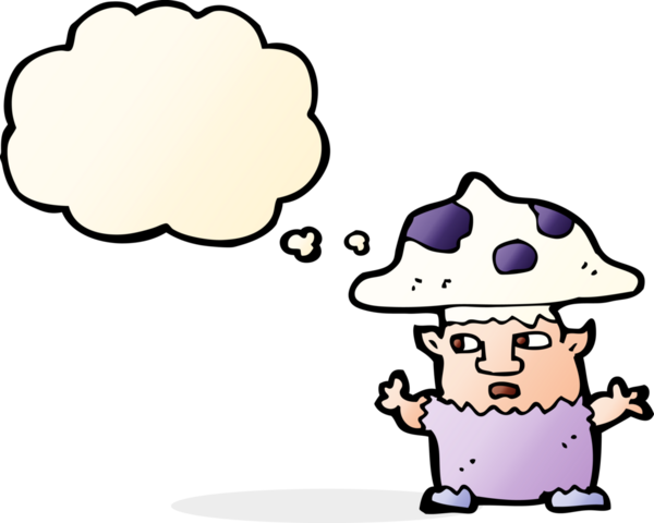 Bir insan tarafından çizilmiş düşünce balonlu küçük mantar adam.