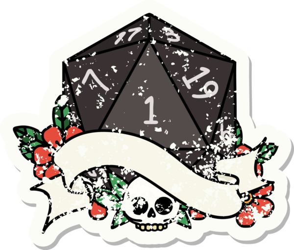 Bir insan tarafından çizilmiş doğal bir d20 zarının grunge çıkartması.