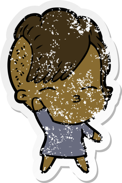 Bir insan tarafından çizilmiş, gözlerini kısan bir çizgi film karakterinin sıkıntılı çıkartması.