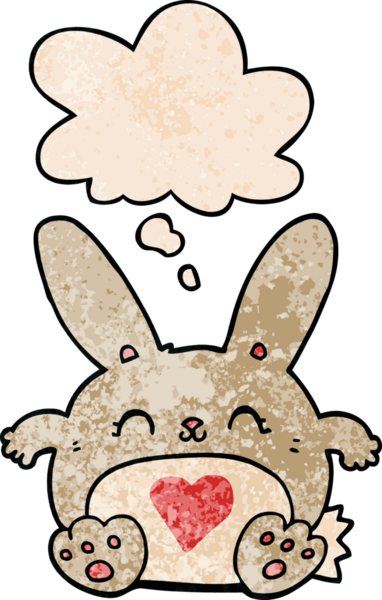 Sevgi dolu karikatür tavşanı. Düşünce baloncuğu ve grunge dokusuyla bir insan tarafından çizilmiş.