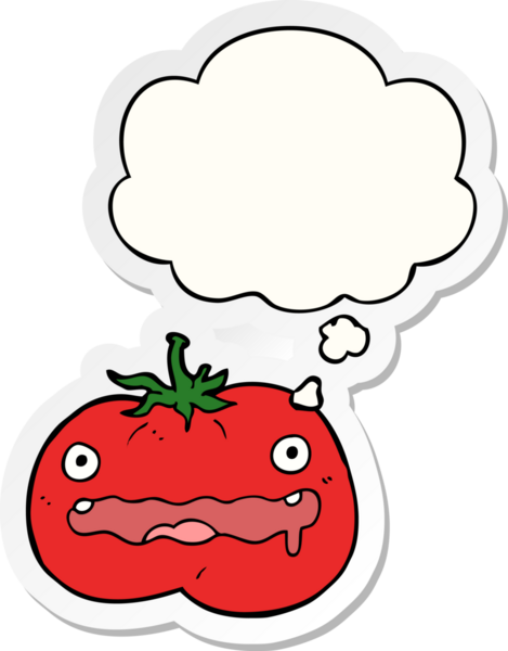 Düşünce baloncuklu çizgi film domatesi insan tarafından çizilmiş bir çıkartma.