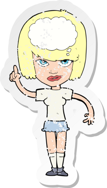 İnsan tarafından çizilmiş bir fikri olan karikatür bir kadının gerilimli retro yapıştırması.