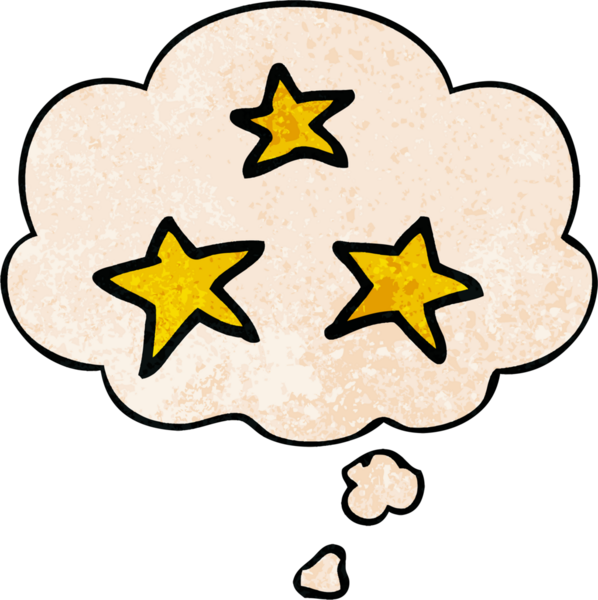 Bir insan tarafından çizilmiş grunge desen tarzında düşünce baloncuğu olan çizgi film yıldızları.