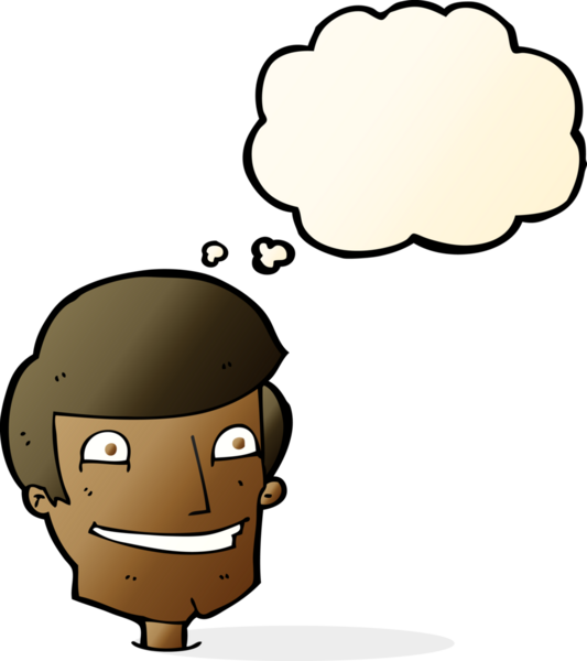 Bir insan tarafından çizilmiş düşünce baloncuğu ile sırıtan çizgi film adamı.