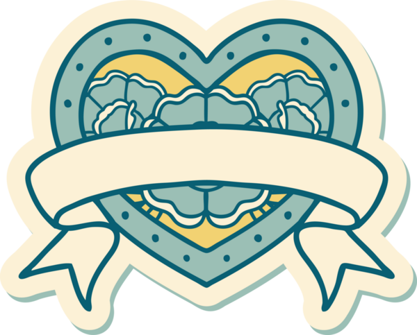 Geleneksel kalp stili dövme çıkartması ve bir insan tarafından çizilmiş çiçekli pankart.