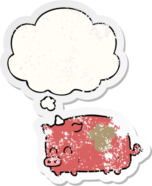 Düşünce baloncuğu olan sevimli çizgi film domuzu bir insan tarafından çizilmiş yıpranmış bir çıkartma.