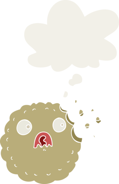 İnsan tarafından çizilmiş, düşünce baloncuklu ürkek kurabiye karikatürü.