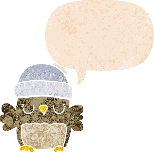 Şapkalı sevimli bir baykuş, grunge 'da konuşma baloncuğu olan sıkıntılı eski moda bir insan tarafından çizilmiş.