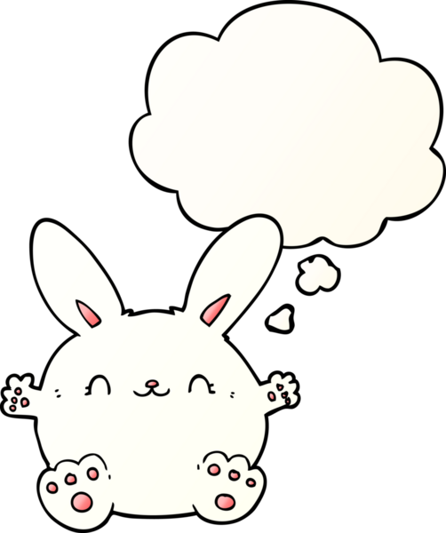 Düşünce baloncuğu olan sevimli çizgi film tavşanı bir insan tarafından çizilmiş.