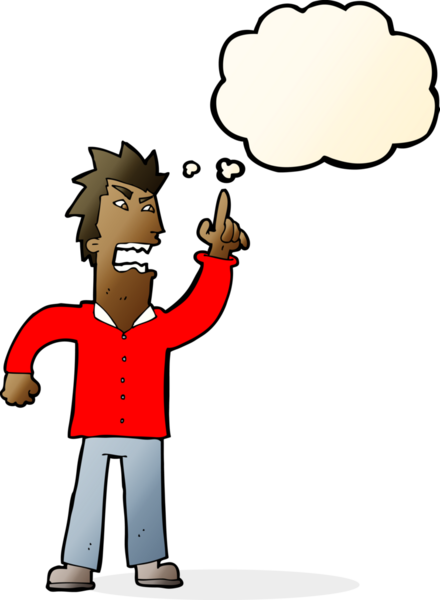 Bir insan tarafından çizilen düşünce baloncuğuyla nokta koyan kızgın bir adam.