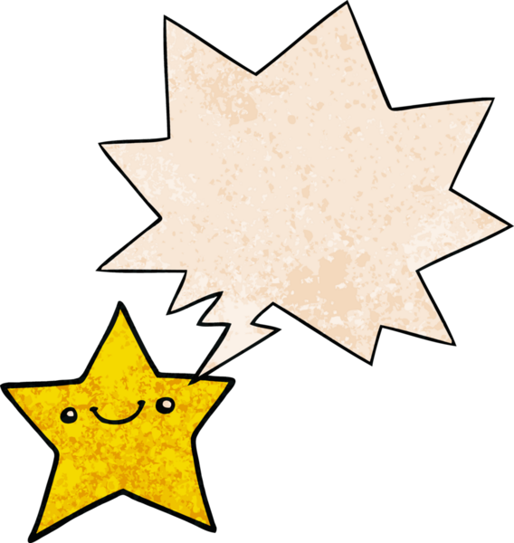 Bir insan tarafından çizilmiş eski tarz konuşma baloncuğu olan mutlu çizgi film yıldızı.