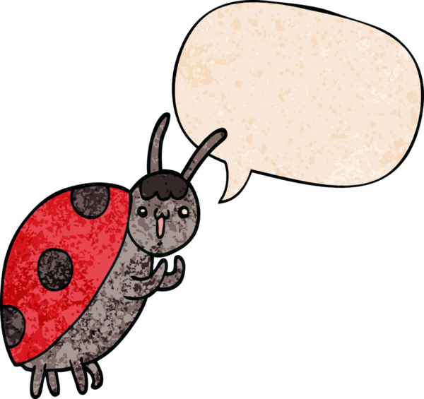 Bir insan tarafından çizilmiş geçmişe dönük konuşma baloncuğu olan sevimli bir uğur böceği.