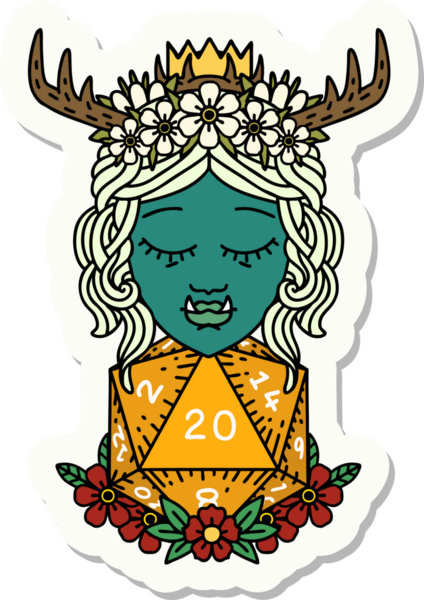 Bir insan tarafından çizilmiş 20 zarlı yarı ork Druid çıkartması.