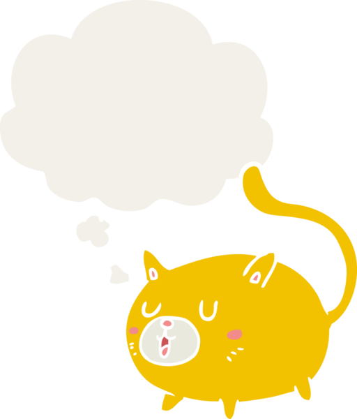 insan tarafından çizilmiş, düşünce baloncuklu mutlu kedi çizgi filmi.