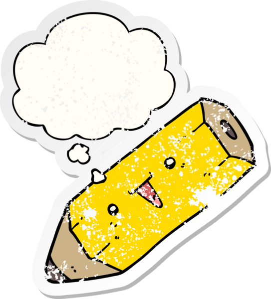 Düşünce baloncuğu olan sevimli çizgi film kalemi bir insan tarafından çizilmiş yıpranmış bir çıkartma gibi.