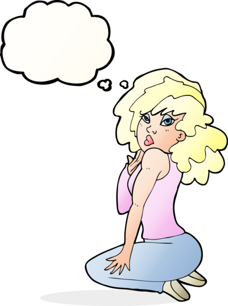 Bir insan tarafından çizilmiş düşünce balonuyla poz veren karikatür kadın.