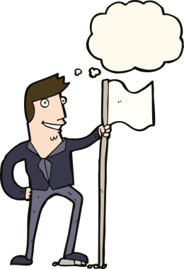 Bir insan tarafından çizilmiş düşünce baloncuğuyla bayrak diken çizgi film adamı.