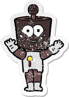 Bir insan tarafından çizilmiş mutlu çizgi film robotunun sıkıntılı çıkartması.