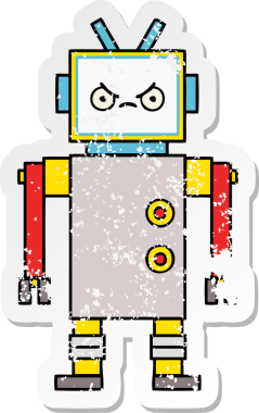 Bir insan tarafından çizilmiş sevimli bir robot çizgi film çıkartması.