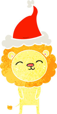 Bir insan tarafından çizilmiş Noel Baba şapkası giyen bir aslanın el çizimi karikatürü.