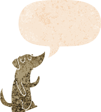 Bir insan tarafından çizilmiş grunge dertli retro tarzı konuşma baloncuğu ile çizgi film köpeği