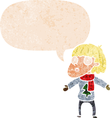 Karikatür, insan tarafından çizilmiş grunge sıkıntılı retro tarzı konuşma baloncuğu ile noel insanını şaşırttı.