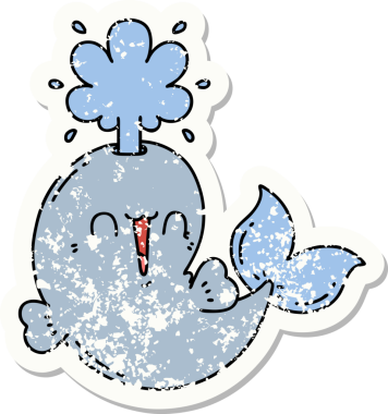 Dövme stili eski bir çıkartma. Bir insan tarafından çizilmiş mutlu, fışkırtan balina karakteri.