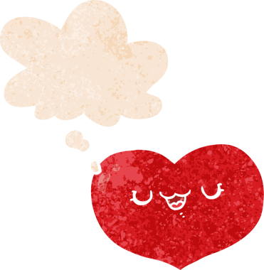 Düşünce baloncuklu karikatür aşk kalbi bir insan tarafından çizilmiş dertli retro stil