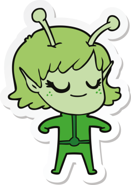 Bir insan tarafından çizilmiş gülümseyen uzaylı bir kızın çıkartması.