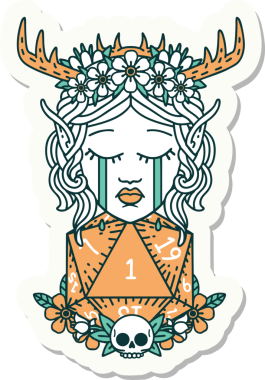 Ağlayan bir Elf Druid karakterinin çıkartması. İnsan tarafından çizilmiş doğal bir D20 ruloyla.