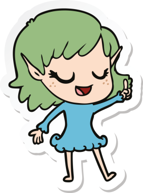 Bir insan tarafından çizilmiş mutlu bir elf kızının çıkartması.