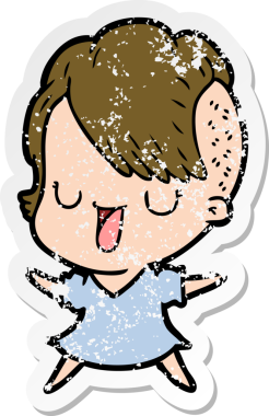 Hipster saç kesimi bir insan tarafından çizilmiş tatlı bir çizgi film kızına ait sıkıntılı bir etiket.