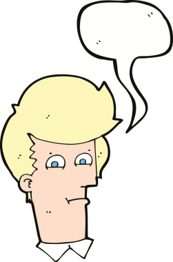 Bir insan tarafından çizilmiş konuşma baloncuğuyla gözlerini kısarak bakan çizgi film adamı.