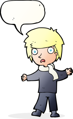 Bir insan tarafından çizilmiş konuşma balonu olan mutsuz bir çocuk.