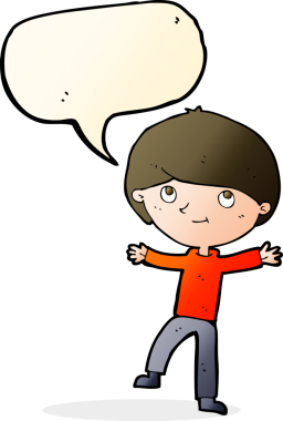 Bir insan tarafından çizilmiş konuşma balonu olan heyecanlı bir çocuk.