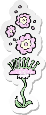 Bir insan tarafından çizilmiş, karikatür kokulu çiçeğin kederli retro yapıştırması.